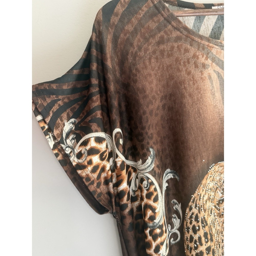 Blossom By P Leopard Tunic Top Rhinestone Bling Slinky Knit Animal Ruched L/XL - Picture 3 of 13